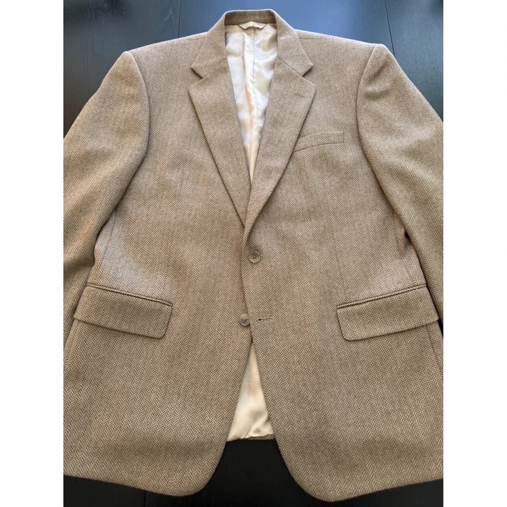 Alan Lebow Herringbone Sport‎ Coat Mens 44R Tan Wool Cashmere Blazer Jacket